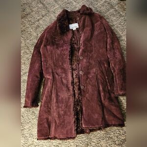 Burgundy Wilsons Leather Maxima 100% Suede Vintage Leather Coat Jacket Large